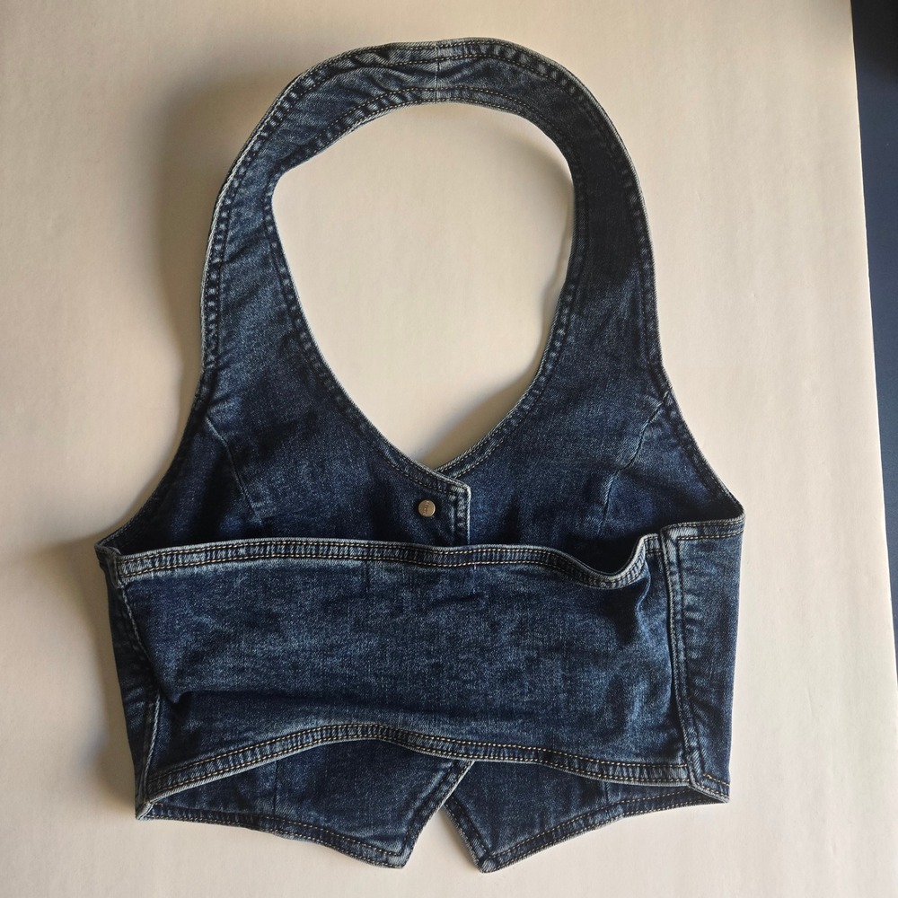 Garage Denim Halter Neck Vest Top Dark Wash Blue Button Front Cropped Small - Picture 4 of 8